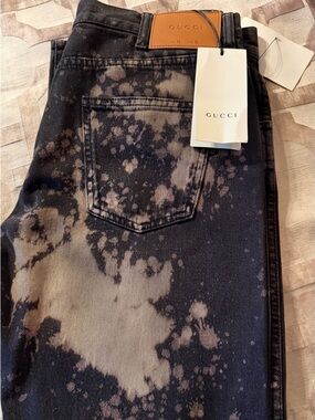Gucci Bleach-Effect Denim Jeans in Black and Tan Leather Patch